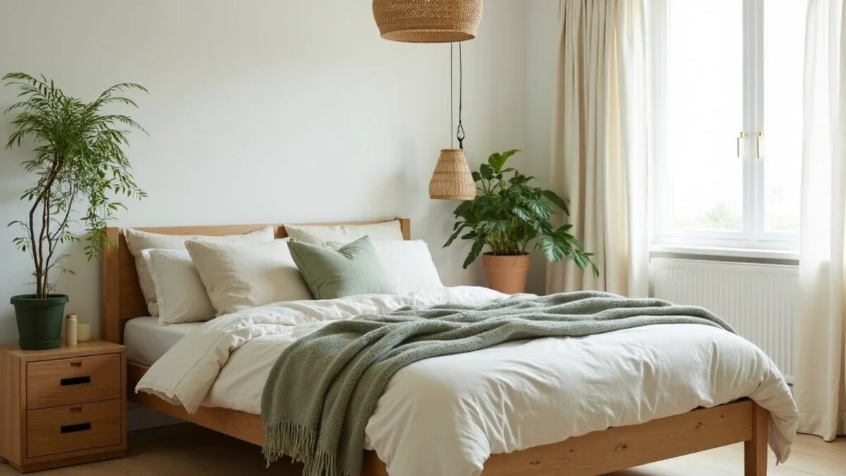 Biophilic bedroom with linen bedding, oak furniture, and indoor plants