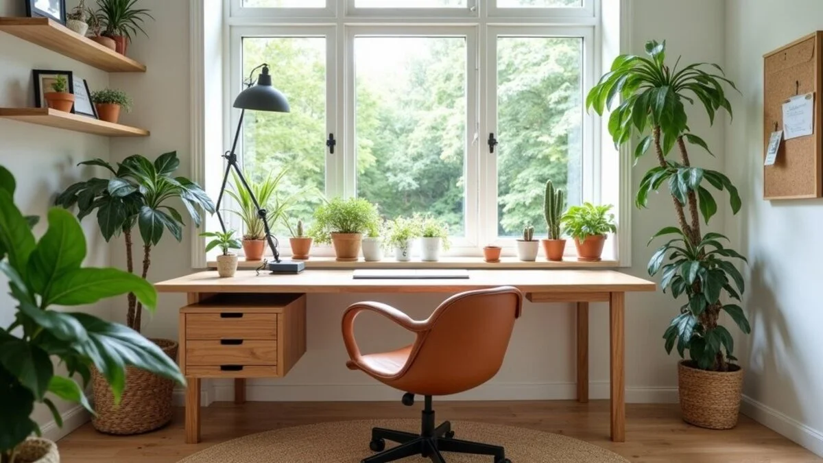 Home office with oak desk, monstera plant, and natural light from window