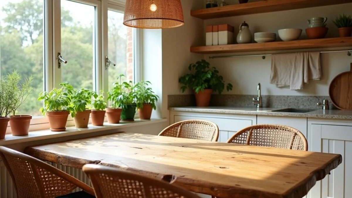 Kitchen with wooden dining table, rattan chairs, and fresh herbs on windowsill