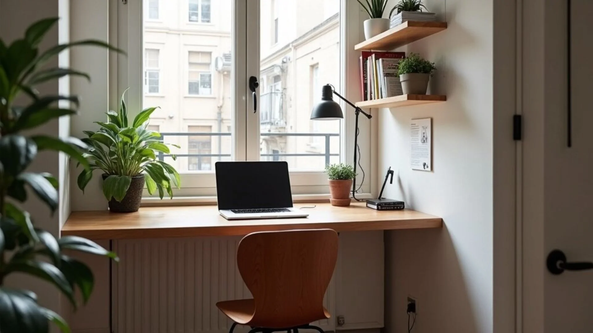 Compact home office corner with wall-mounted desk and slim bookshelf in a small apartment