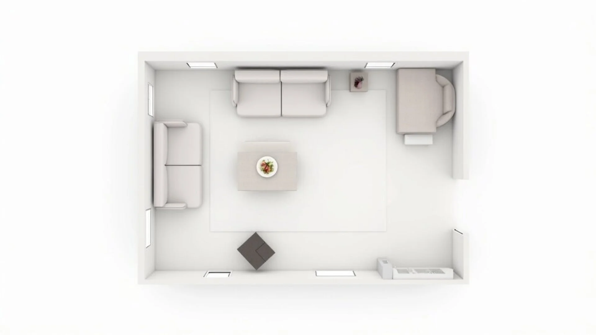 Small living room floor plan showing furniture arrangement with clear traffic paths