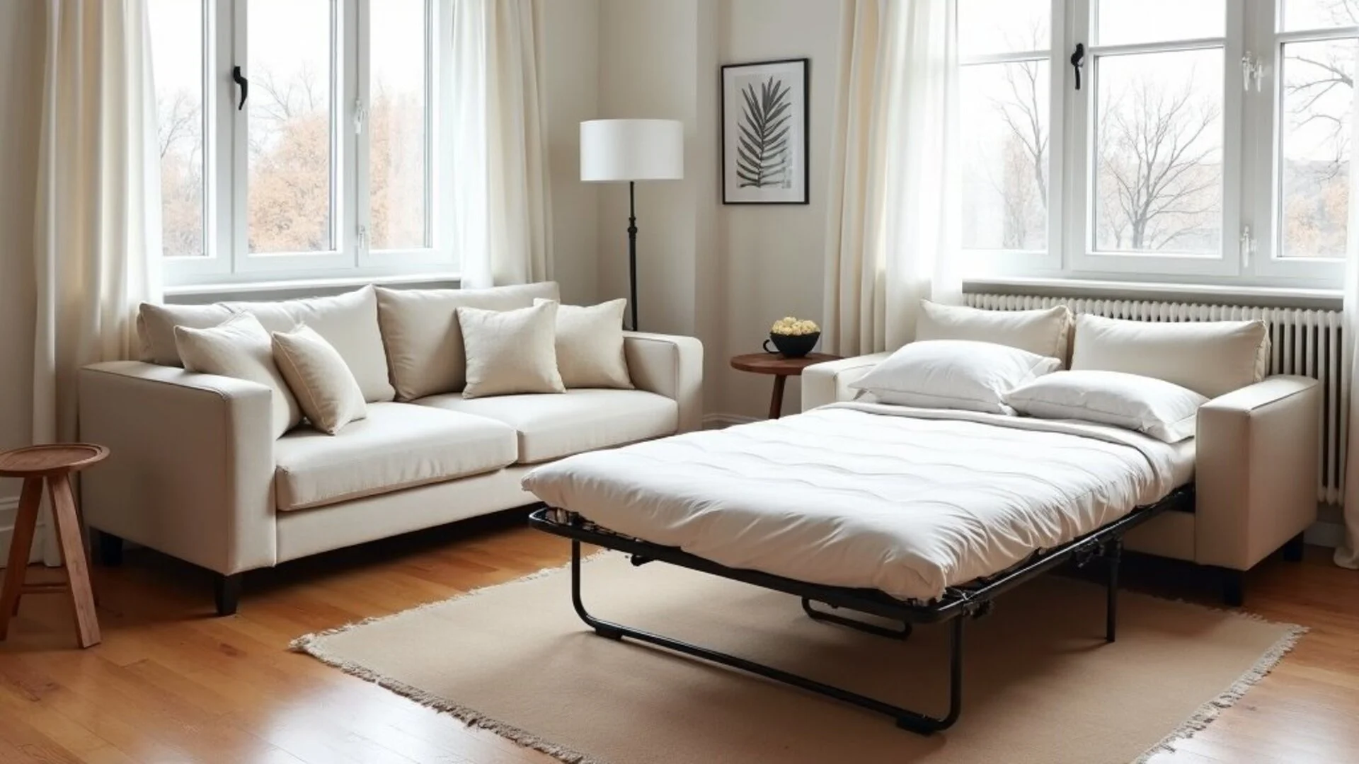 Stylish sofa bed in a modern studio apartment with Scandinavian design