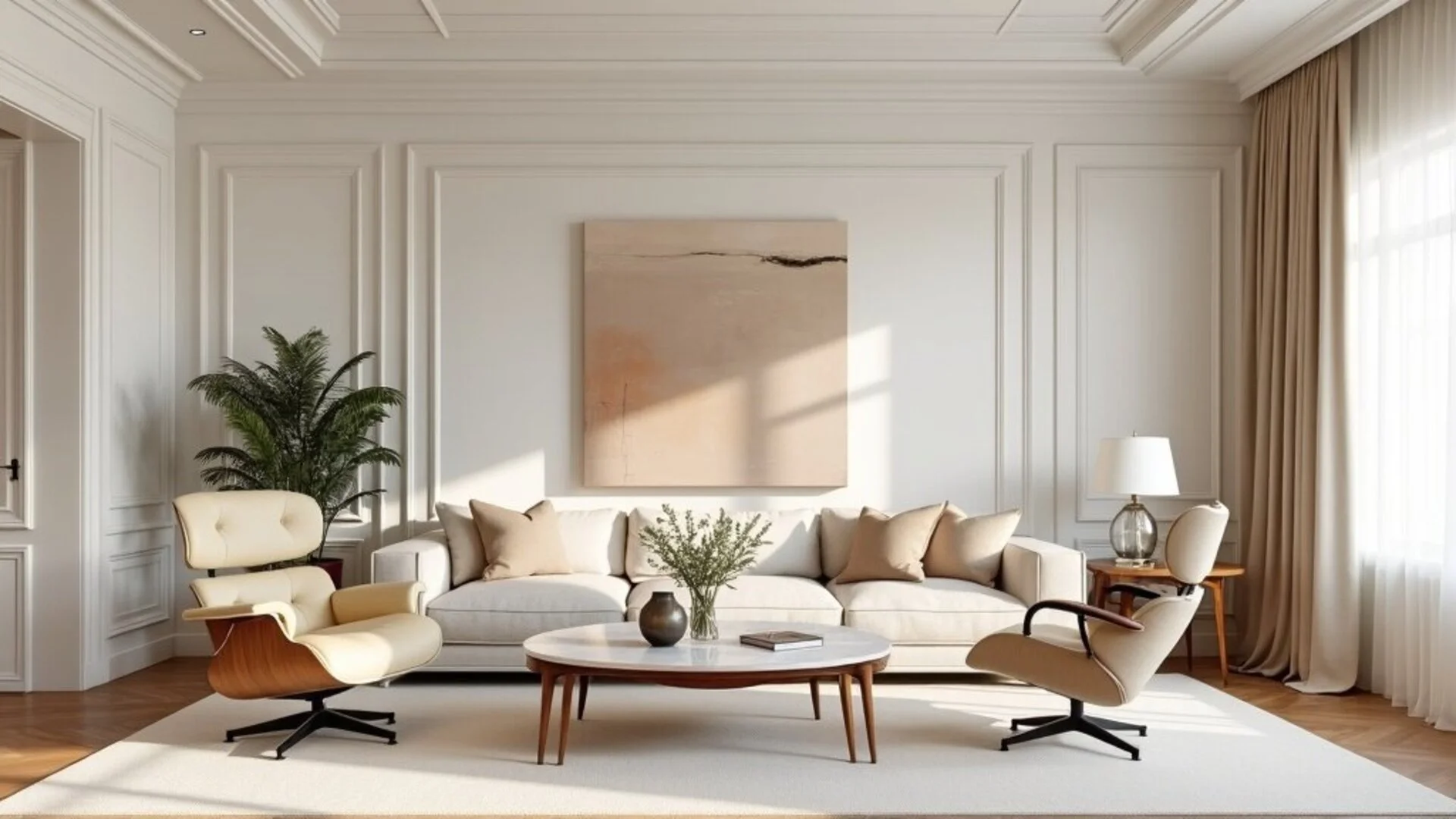 Timeless Architectural Digest style living room with iconic furniture silhouettes and refined materials