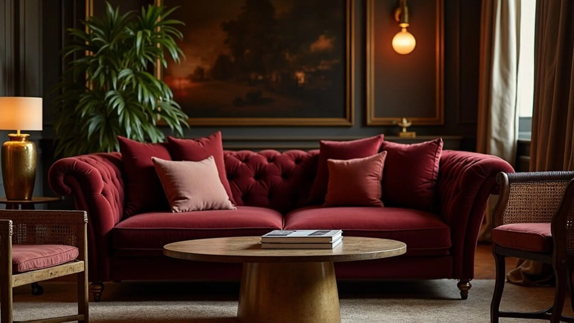 Soho House boutique hotel style living room with velvet sofa, brass accents, and layered textiles