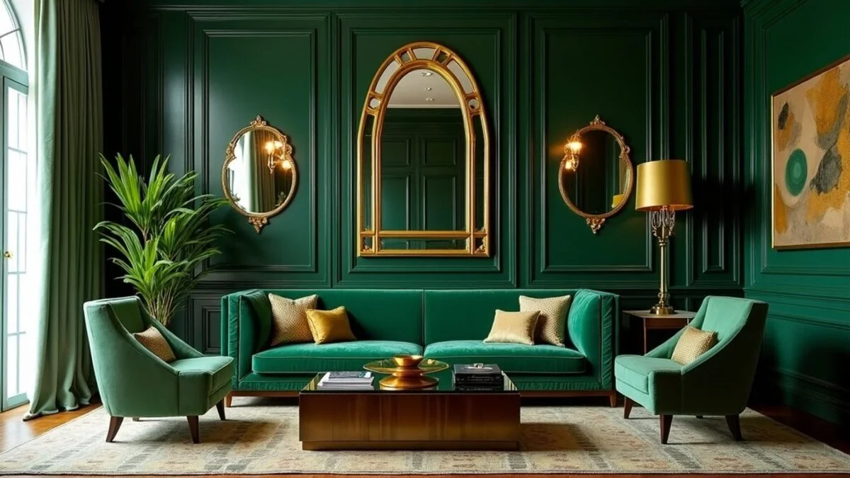 Art deco living room with emerald velvet sofa, gold mirrors, and geometric patterns