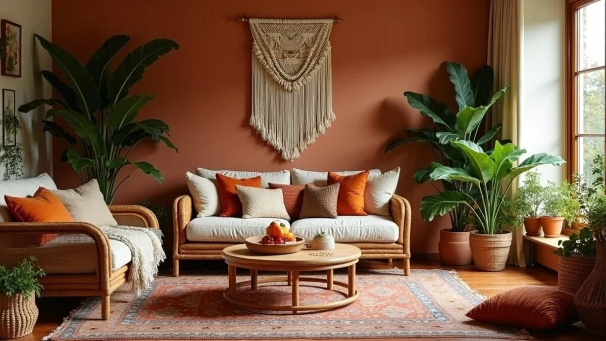 Bohemian living room with layered textiles, rattan furniture, and abundant plants