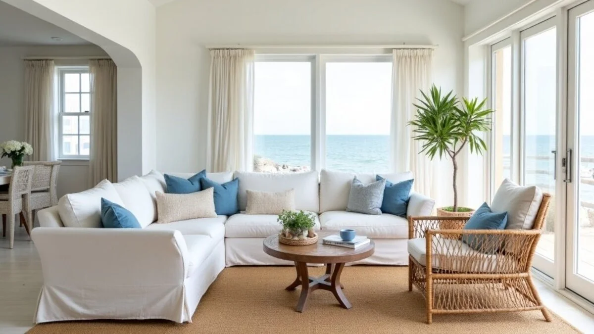 Coastal living room with white linen sofa, rattan furniture, and soft blue accents