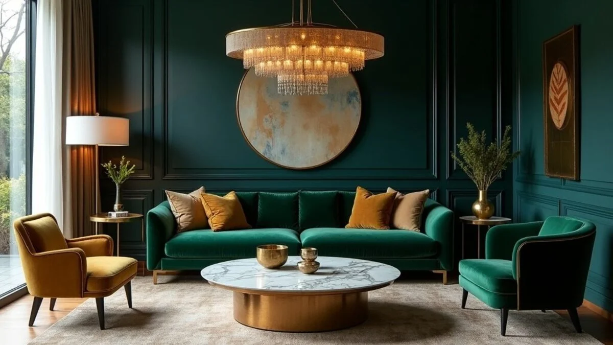 Contemporary luxury living room with velvet sofa, marble accents, and sophisticated styling