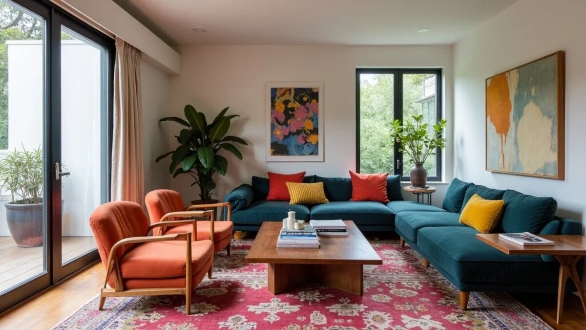 Eclectic living room mixing vintage and contemporary pieces with bold patterns and collected art