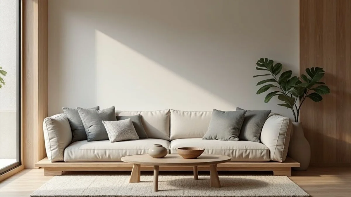 Japandi living room with low platform furniture, natural wood, and muted neutral palette
