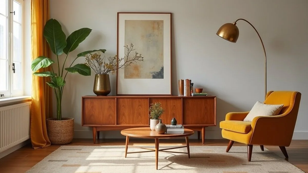 Mid-century modern living room with teak furniture, mustard armchair, and brass accents
