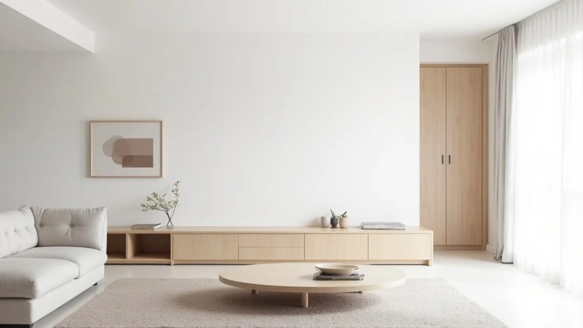 Minimalist living room with clean lines, light oak furniture, and serene uncluttered space
