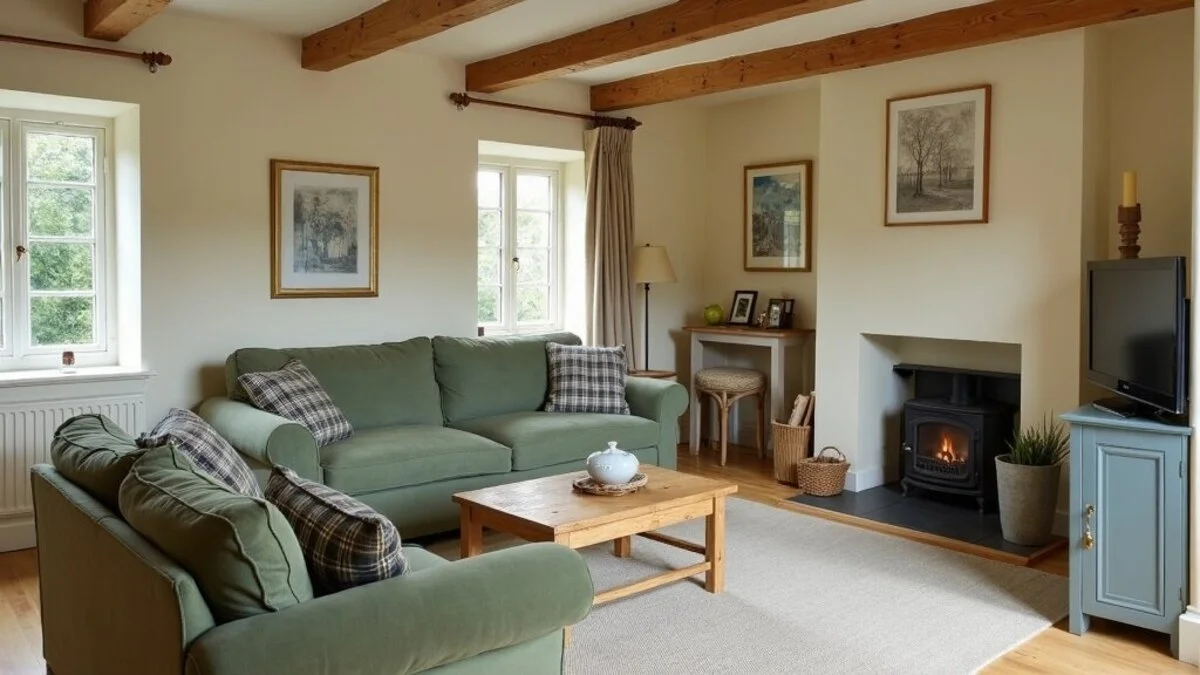 Modern country living room with sage green sofa, painted wood, and cosy farmhouse charm