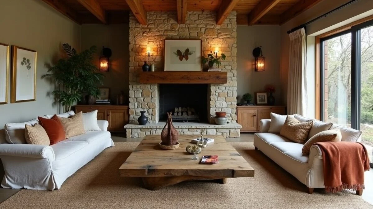Rustic living room with reclaimed wood, natural stone, and earthy organic textures