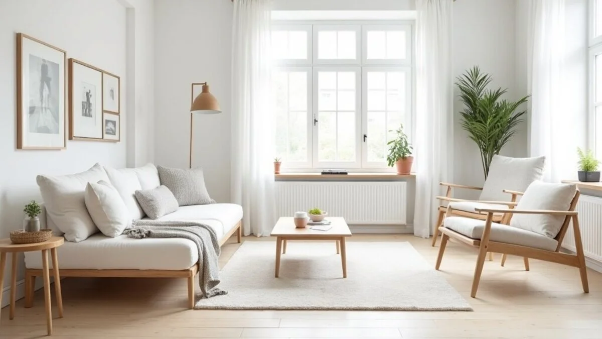 Scandinavian living room with light oak furniture, white linen sofa, and natural light