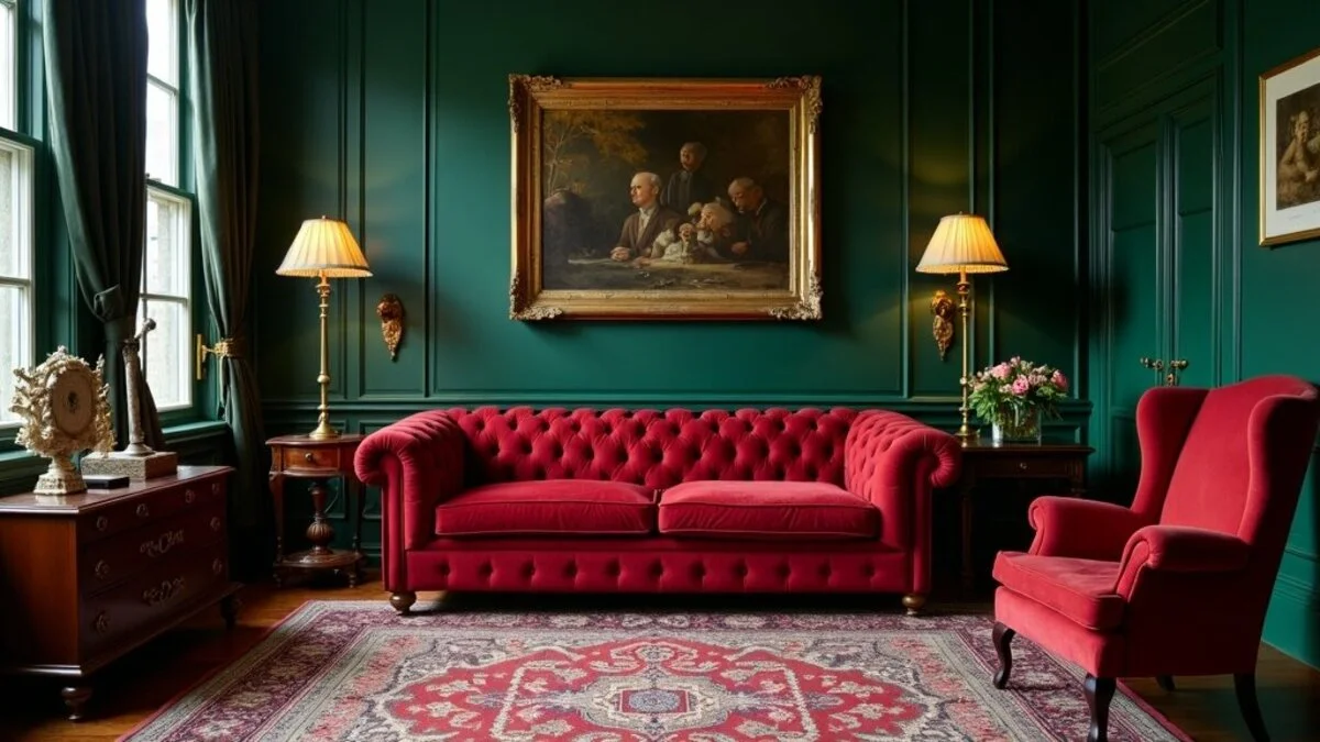 Traditional English living room with Chesterfield sofa, mahogany furniture, and rich colours