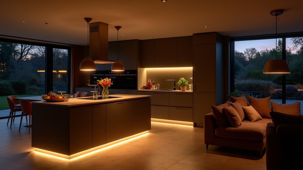 Layered lighting in open plan kitchen-living space at dusk