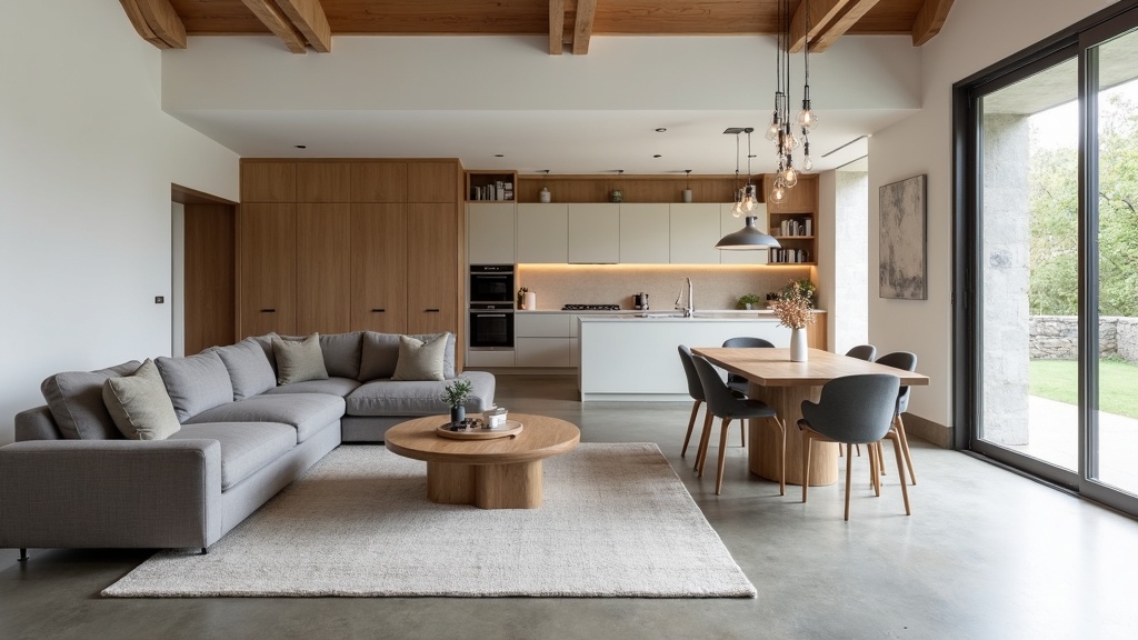 Open plan living space with furniture zoning - sofa defines living area, dining table creates transition zone