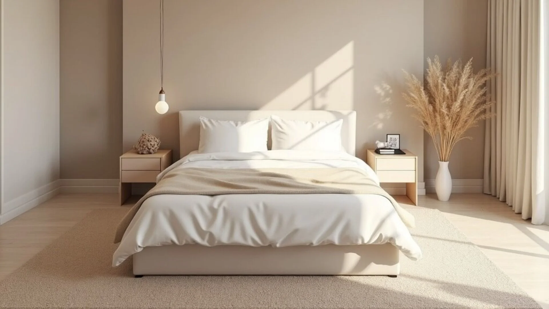 Bird's eye view of bedroom showing the 60cm rule - rug extending beyond bed on all sides