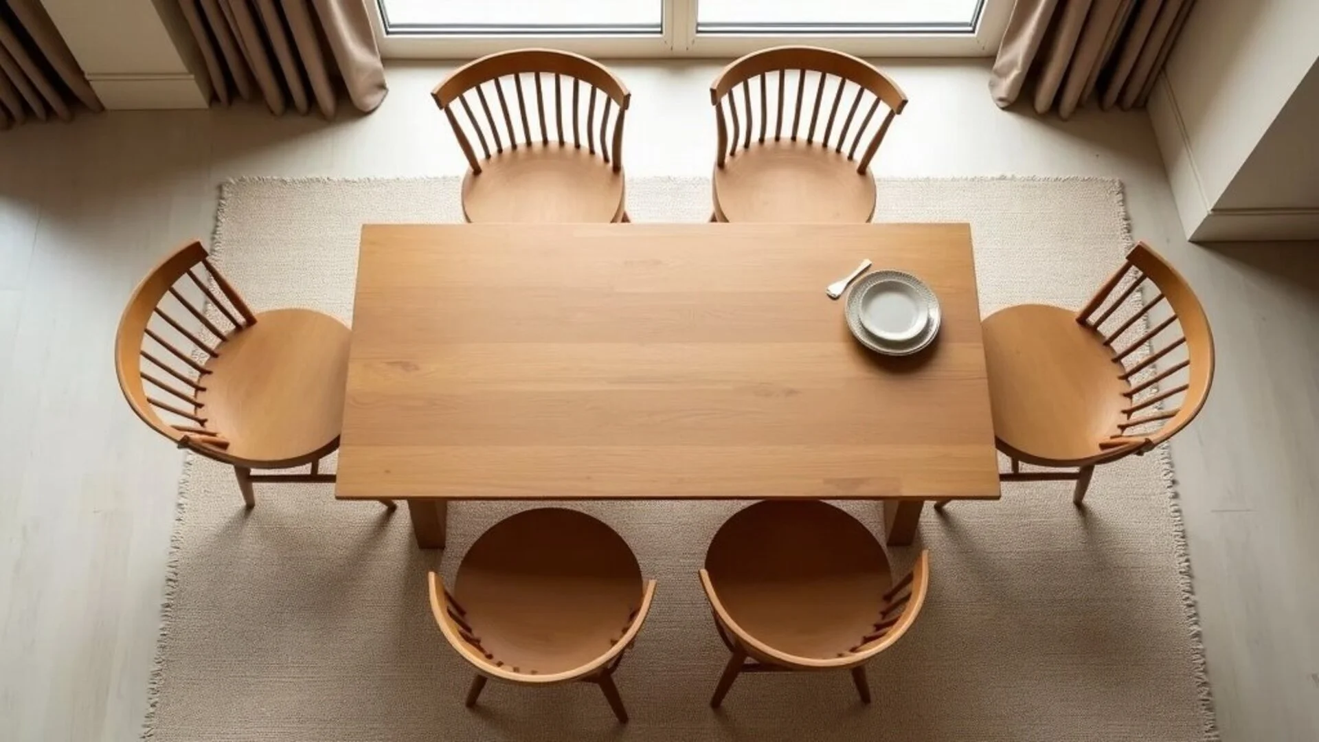 Bird's eye view of dining room showing the 120cm rule - chairs pulled out from table with 60cm space on rug