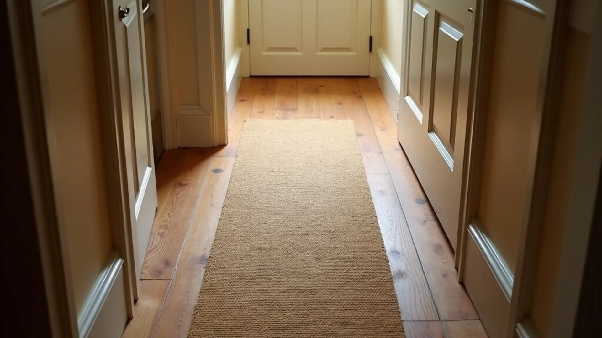Bird's eye view of Victorian hallway showing the 20cm gap rule - runner with floorboards visible on each side
