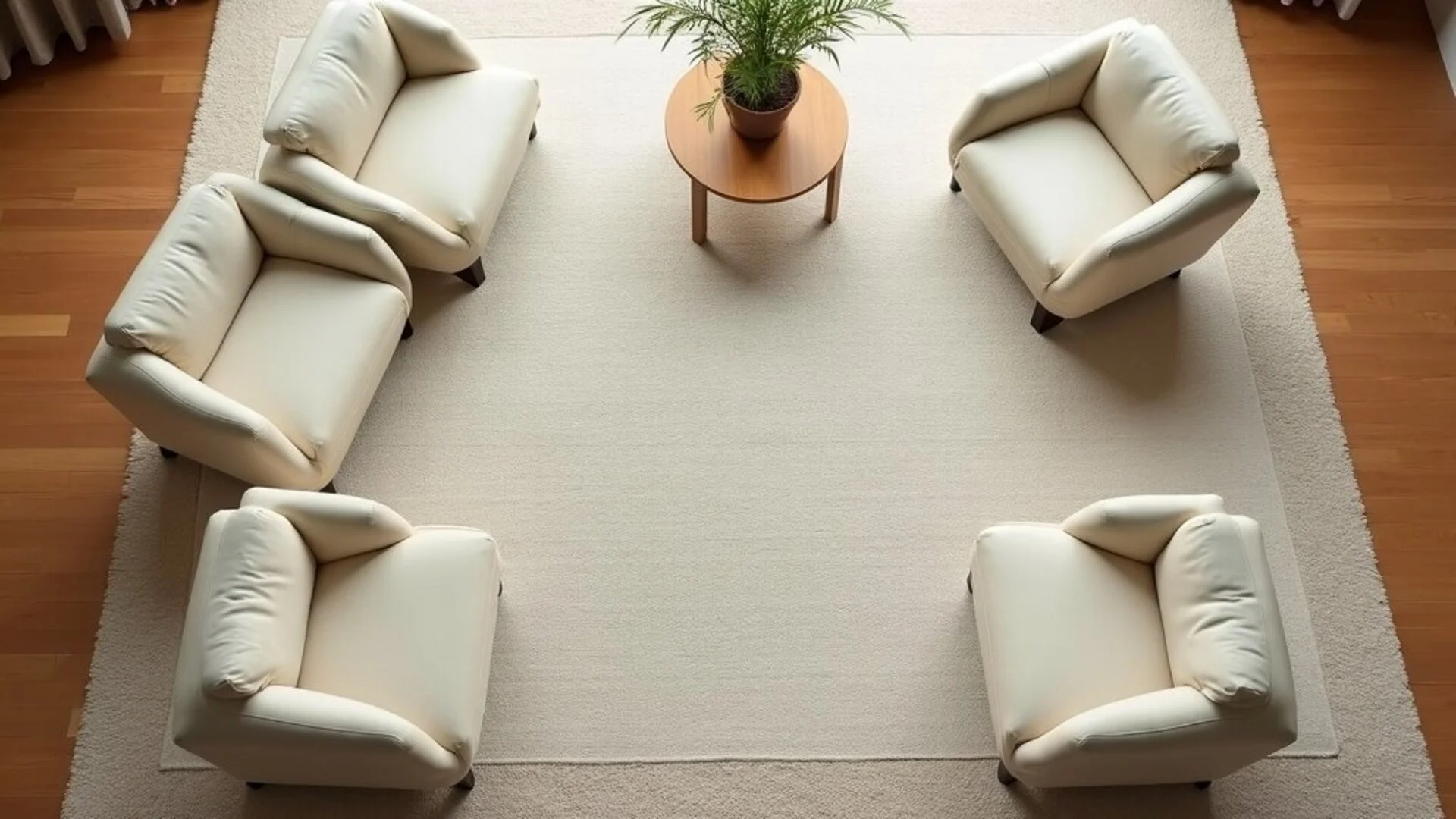 Bird's eye view of living room with all furniture fully on the rug