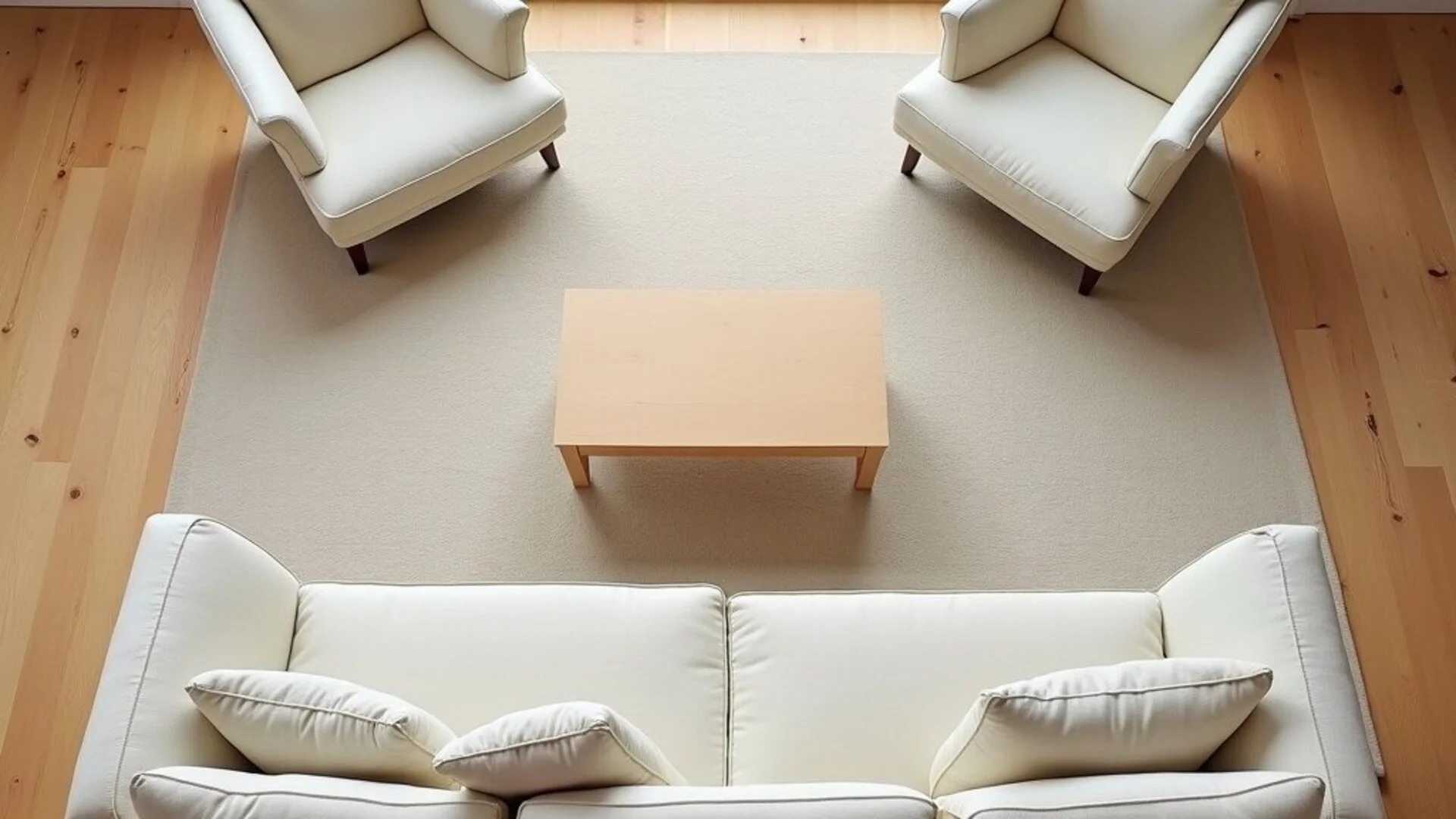 Bird's eye view of living room showing the front legs rule - front furniture legs on rug, back legs on floor