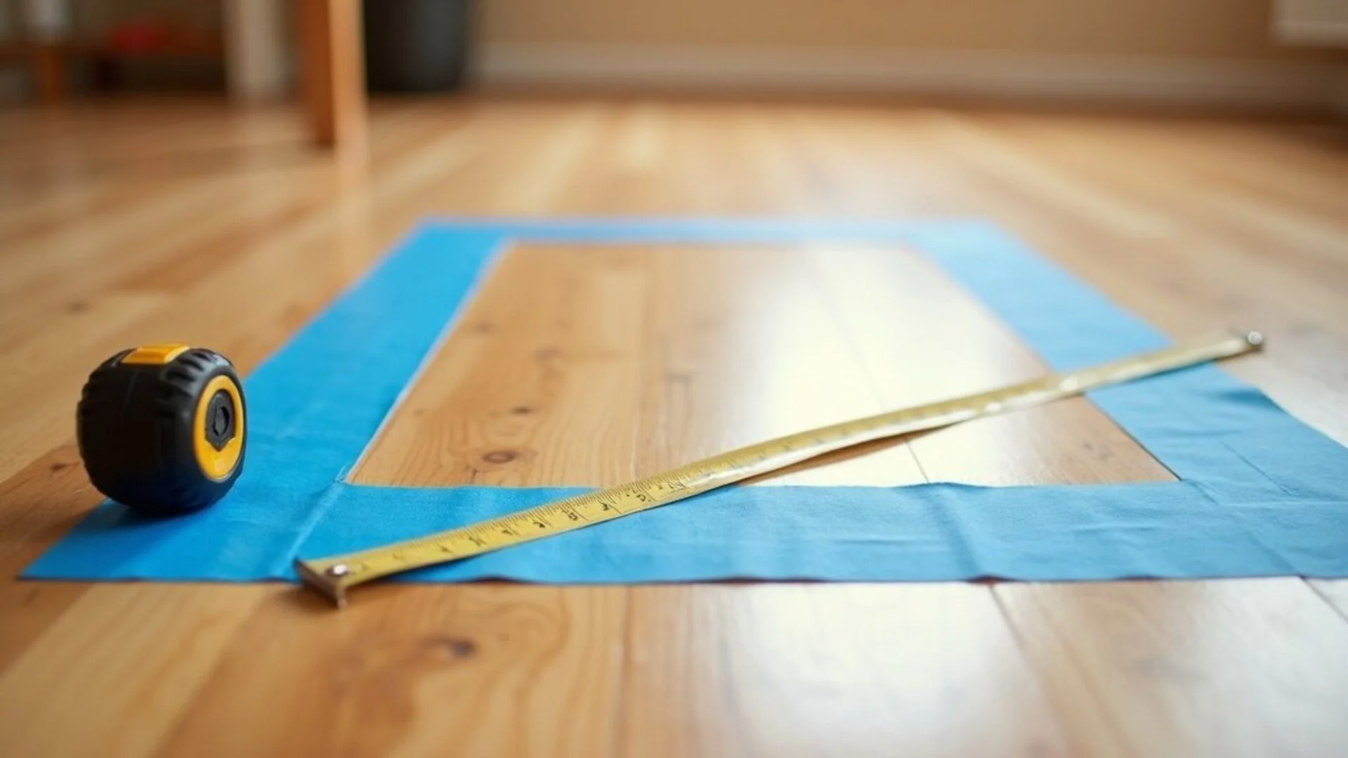 DIY rug measurement method using masking tape and tape measure on wooden floor