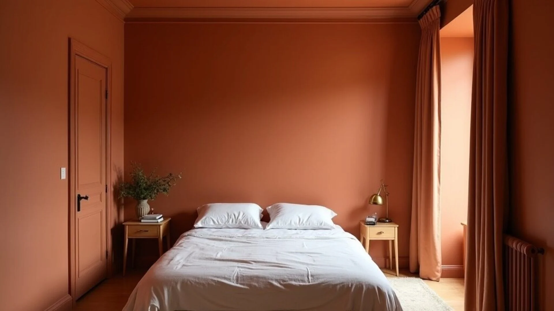 Bedroom with colour drenching technique using warm terracotta walls and ceiling