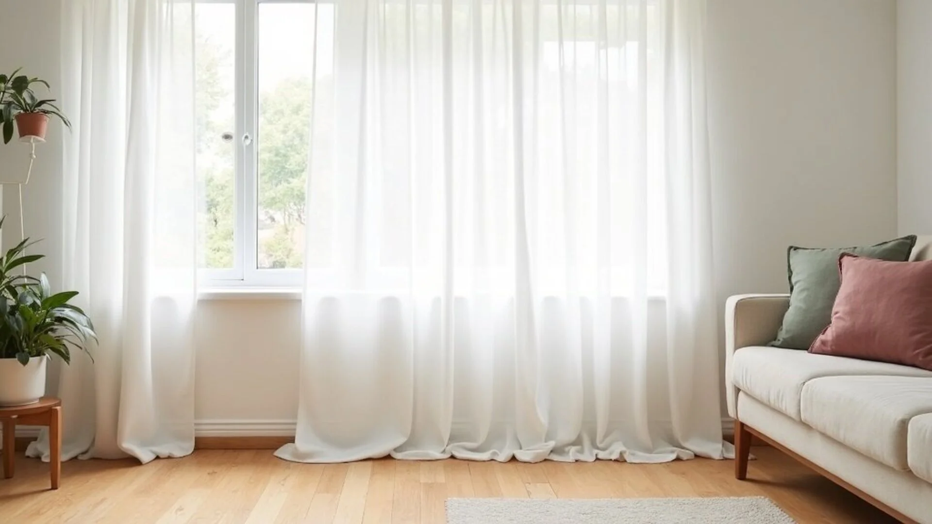 Floor-to-ceiling sheer curtains hung at ceiling height making windows appear taller