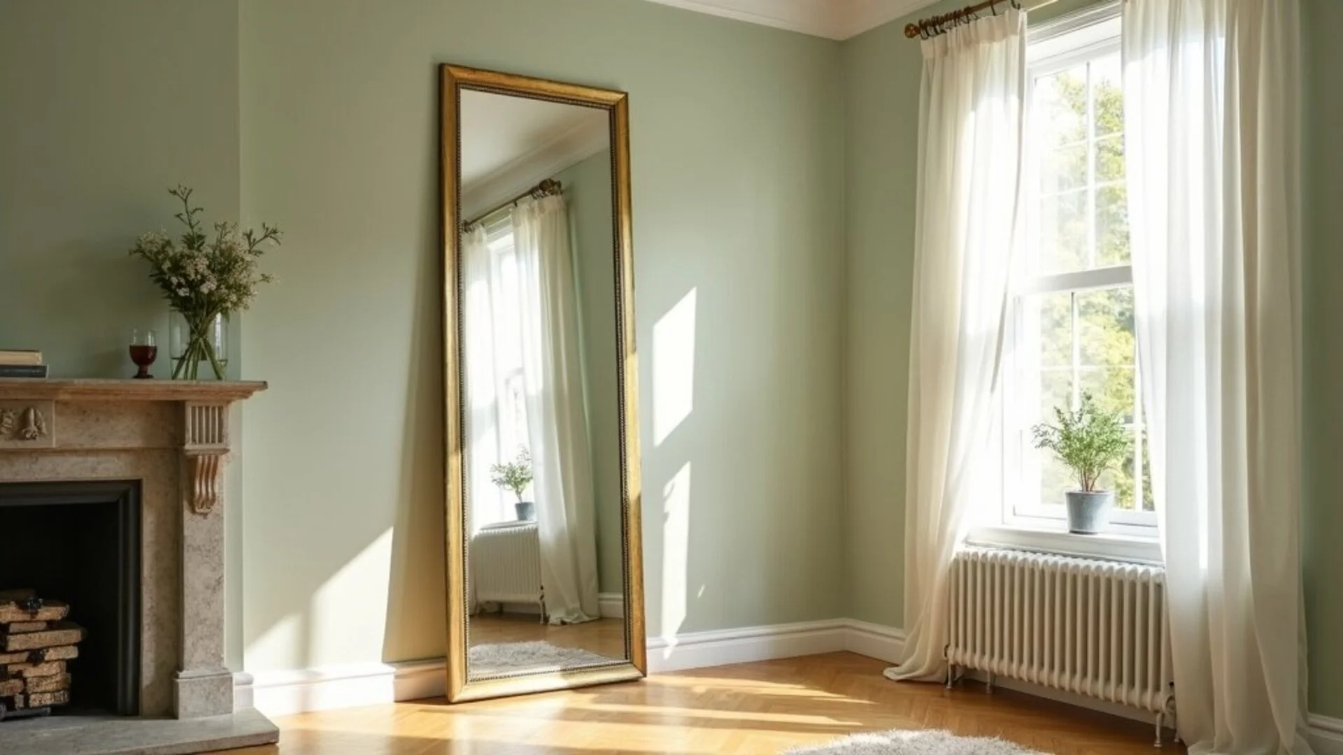 Large mirror opposite window reflecting natural light in small living room