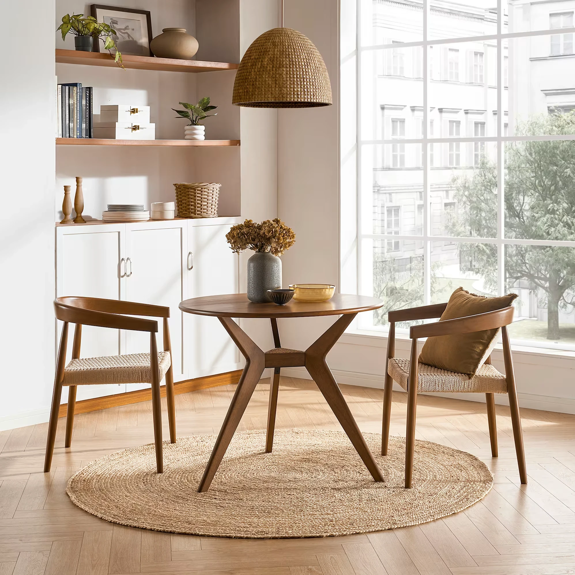 Tribeca Round Dining Table with 2 Austen Dining Arm Chairs
