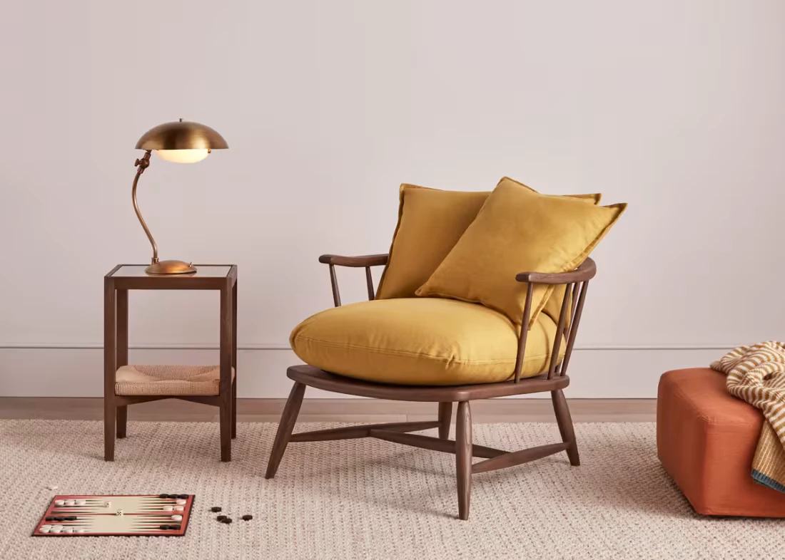 Nestins Accent Chair in Natural Cotton Linen in Dark Oak