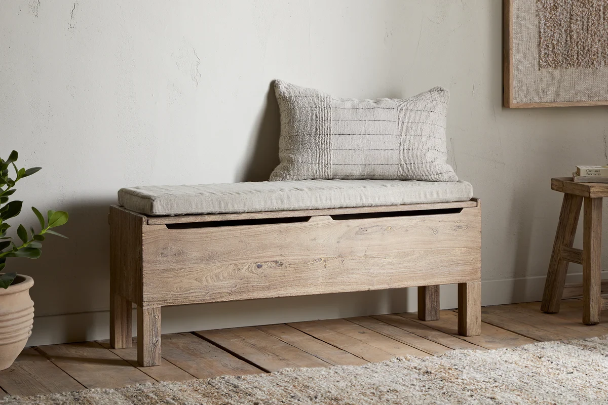 Teni Reclaimed Wood Storage Bench with Upholstered Linen Cushion - Natural