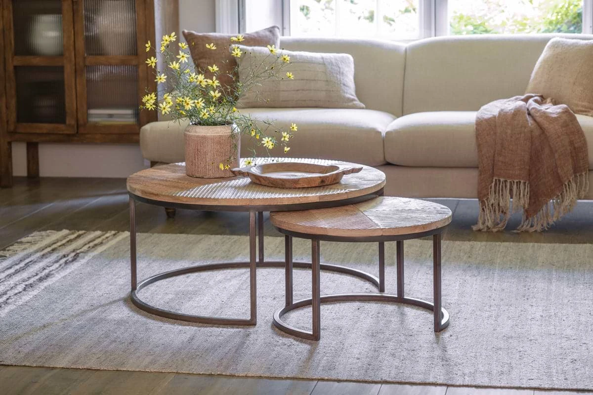 Aasha Carved Mango Wood & Iron Nesting Coffee Tables - Natural - (Set of 2)