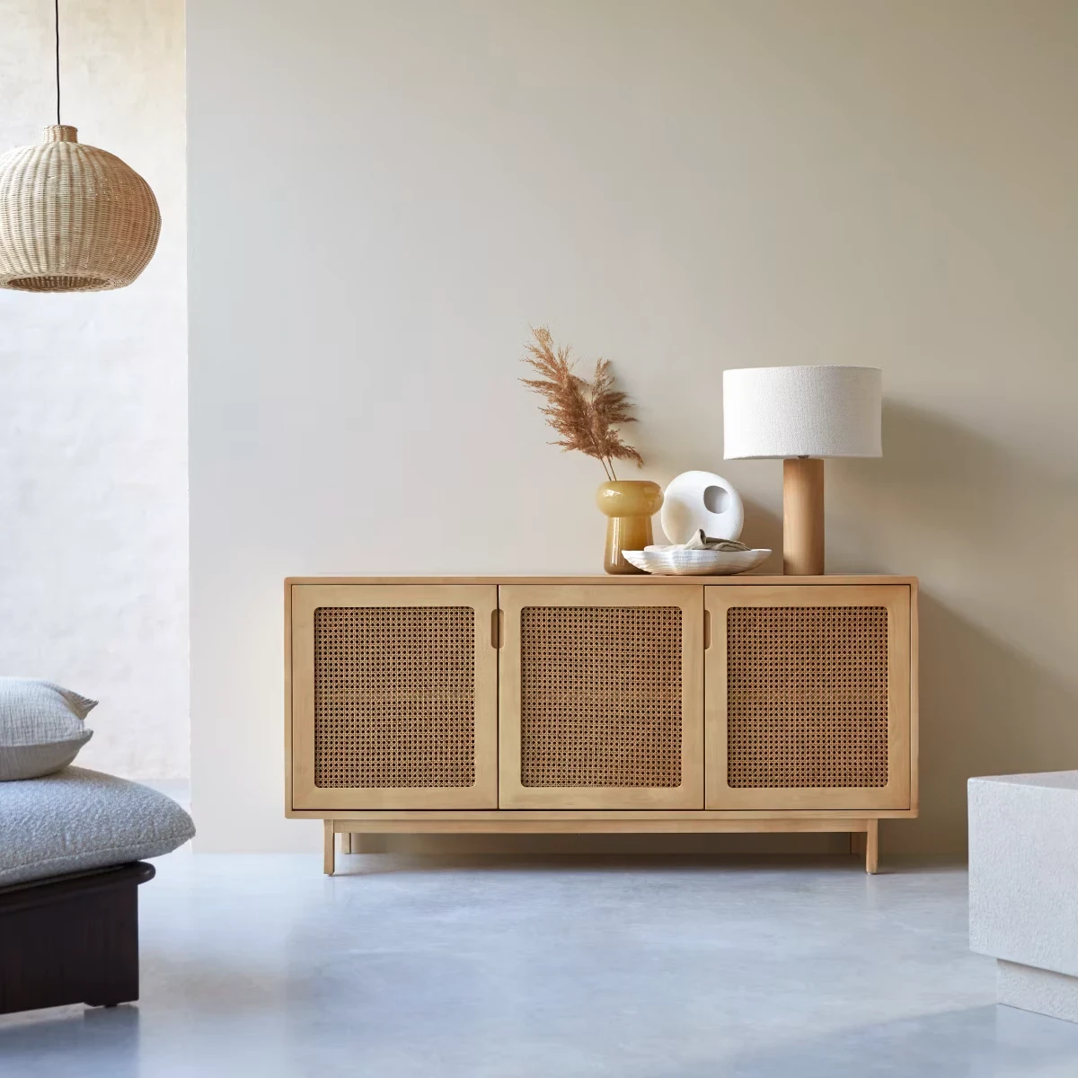 Luis - Sideboard in solid elm and woven cane, 160 cm