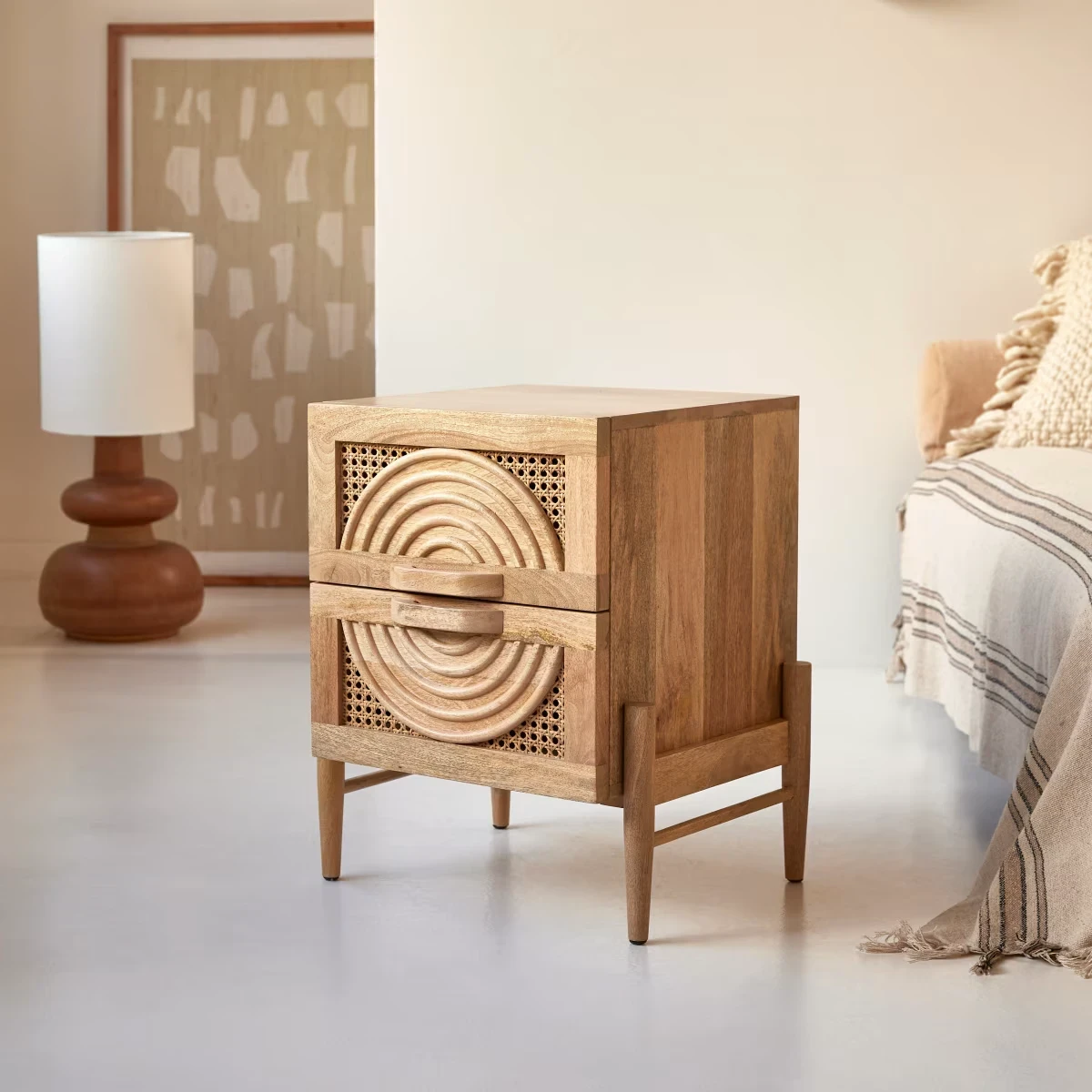 Sina Solid mango wood and rattan bedside table