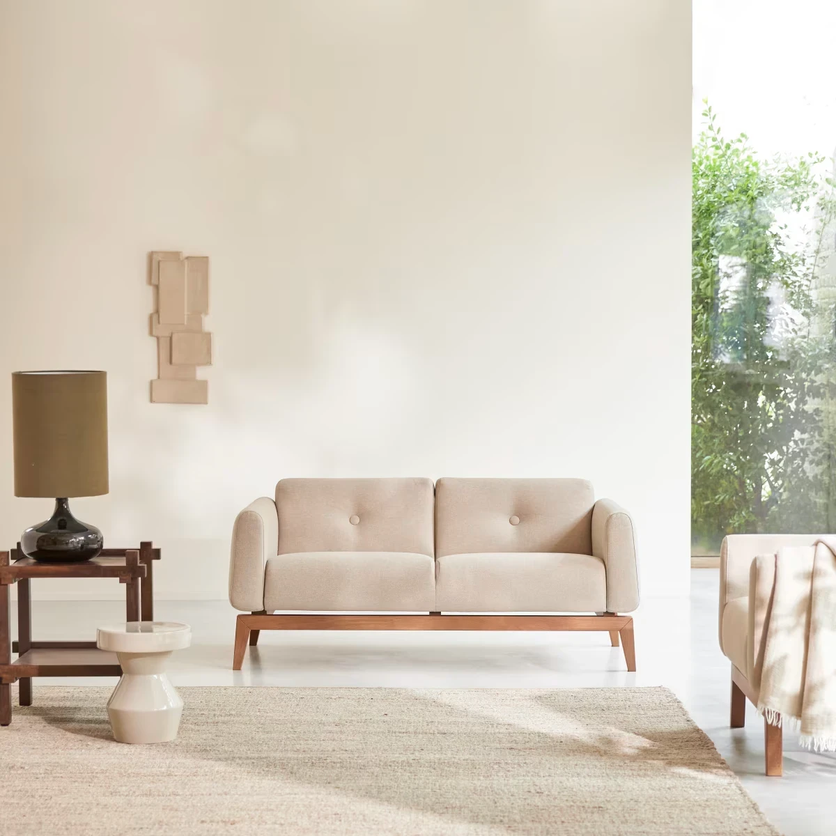 Bjorn Solid oak and beige fabric 2-seater sofa