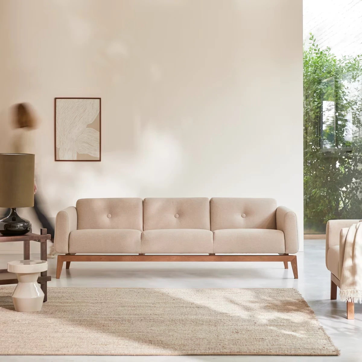 Bjorn Solid oak and beige fabric 3-seater sofa